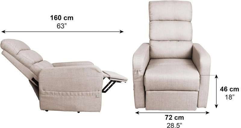 Esquema con dimensiones del sillón Pepe, ancho 72 cm y altura de asiento 46 cm