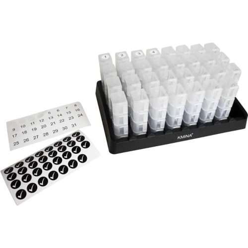 Pastillero mensual de 4 tomas con pegatinas para identificar los días del mes