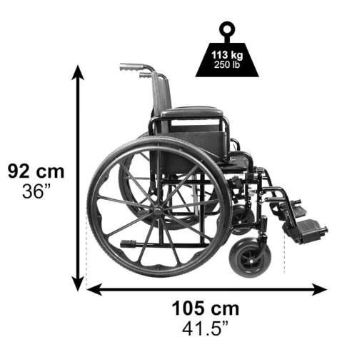 Vista lateral con medidas de la silla de ruedas de acero autopropulsable