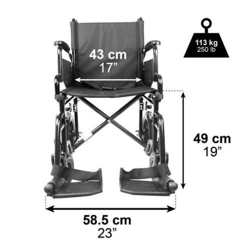 Medidas de la silla de ruedas de tránsito con asiento de 43 cm