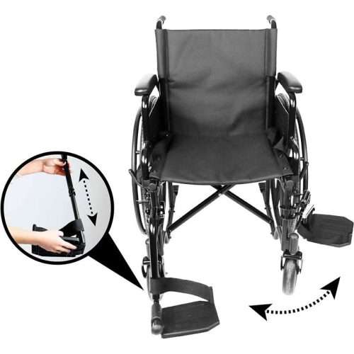 Detalle del reposapiés ajustable y abatible de la silla de ruedas de acero autopropulsable