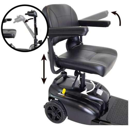 Detalle del asiento regulable y giratorio del scooter PP1004 con reposabrazos abatibles