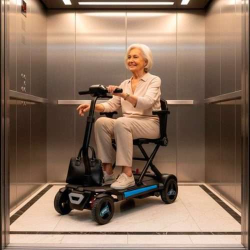 Mujer utilizando el scooter plegable Libercar Zenit en un ascensor