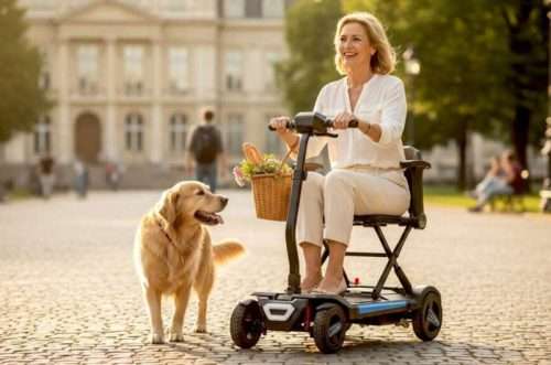 Mujer circulando en el scooter plegable Libercar Zenit en exterior