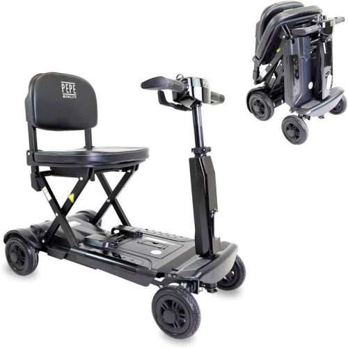Scooter eléctrico plegable PP1004 desplegado con asiento y cuatro ruedas