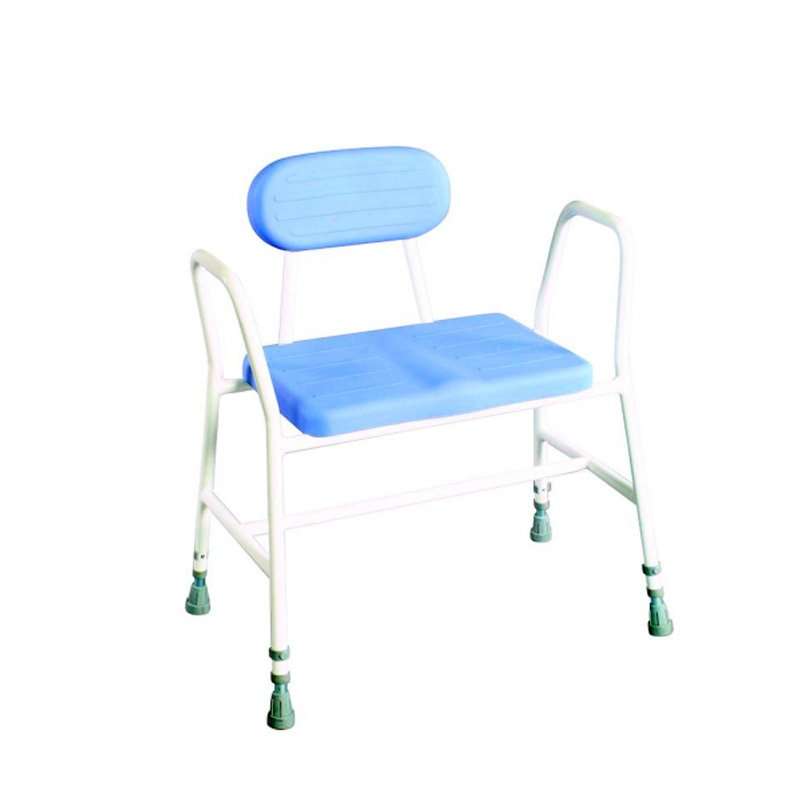 Silla de ducha Confort XXL con asiento acolchado azul, respaldo, reposabrazos y patas regulables