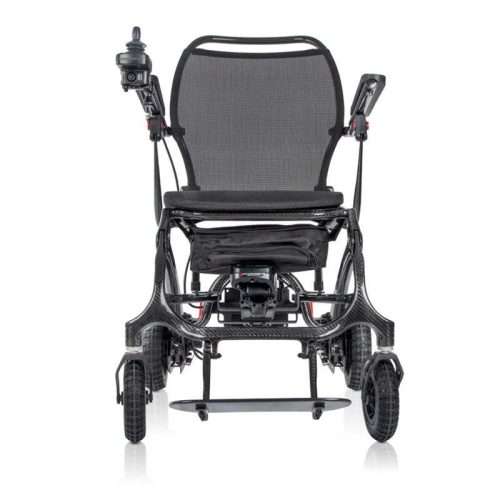 Silla de ruedas eléctrica Kittos Carbon vista de frente con asiento, respaldo y reposapiés