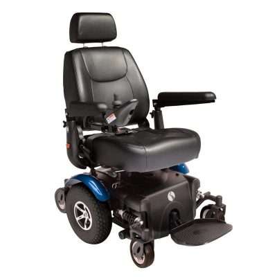 Silla eléctrica R320 en color azul con asiento de capitán, joystick y reposapiés