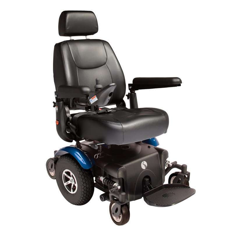 Silla eléctrica R320 en color azul con asiento de capitán, joystick y reposapiés