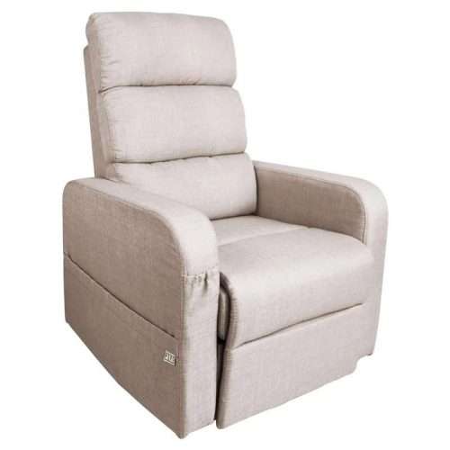 Sillón elevador Pepe tapizado en tela beige con respaldo acolchado y reposabrazos