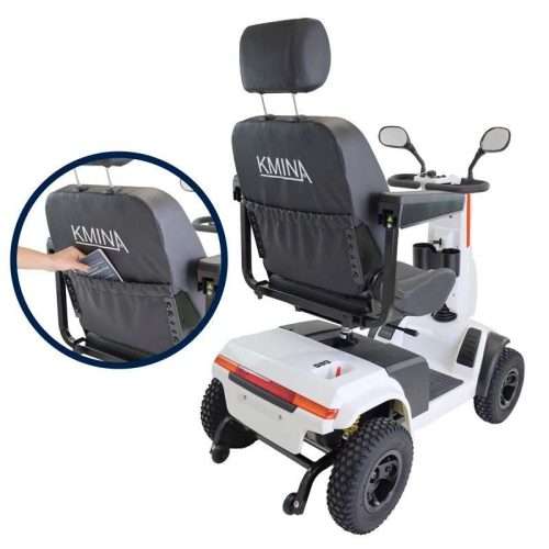 Vista trasera del scooter con bolsillo en respaldo y ruedines antivuelco