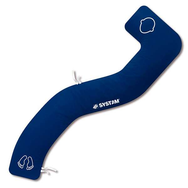 Cojín postural alargado de color azul para apoyo corporal y posicionamiento en cama