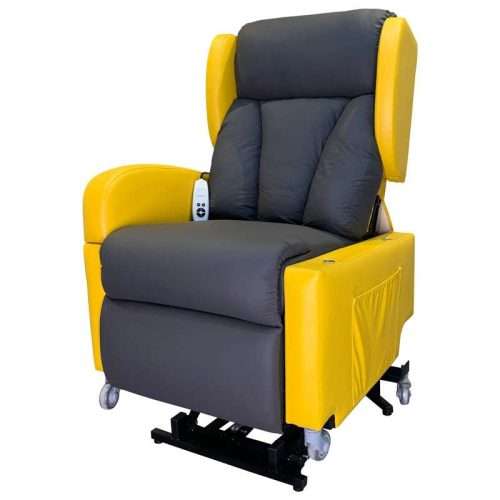 Sillón Elevador Proclassic amarillo y gris con ruedas y bolsillo lateral