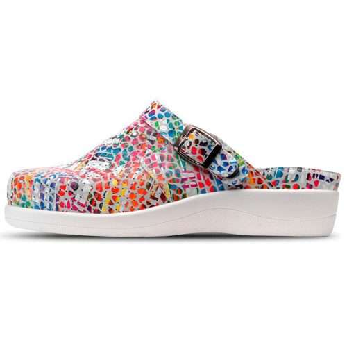Vista lateral del zueco profesional multicolor 21019 con suela blanca