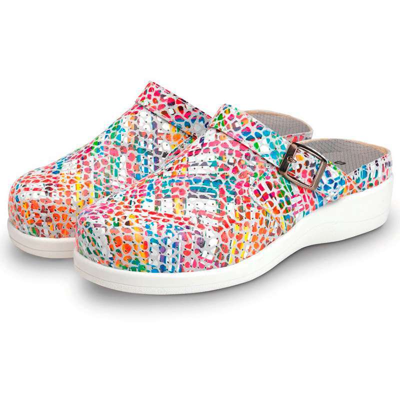 Zuecos sanitarios multicolor 21019 para mujer con suela blanca