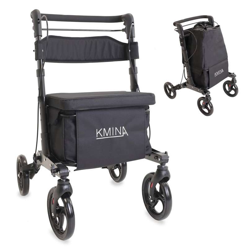 Andador carro de compra Kmina con asiento, respaldo y bolsa frontal