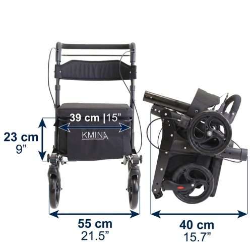 Vista frontal y configuración compacta mediante piezas abatibles del andador Kmina