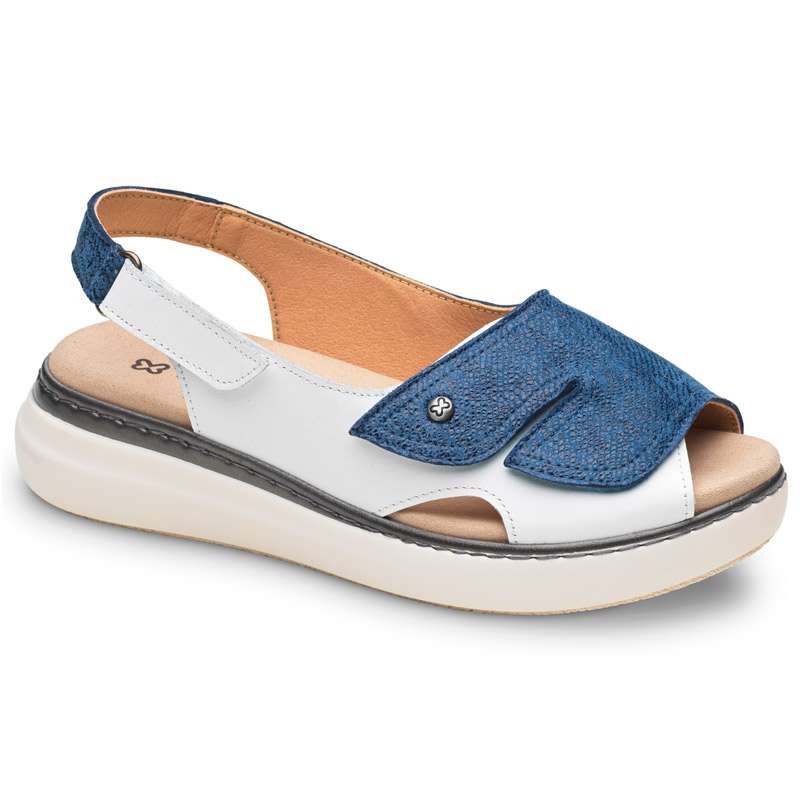 Sandalia 0825 de apertura total con velcro en color azul y blanco