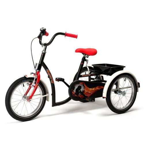 Triciclo infantil Sporty negro con llamas rojas y bandeja trasera