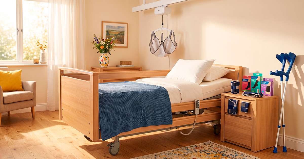 Cama hospitalaria articulada y grúa ortopédica para el cuidado en el hogar