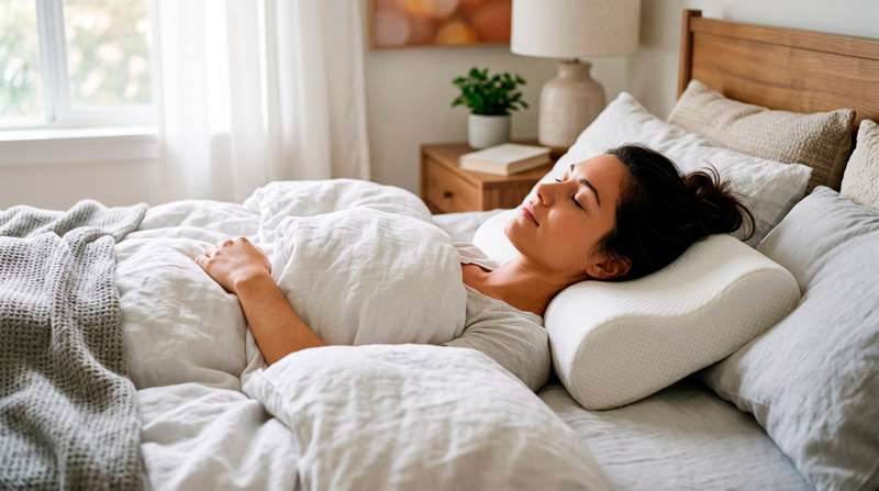 Mujer descansando boca arriba sobre una almohada cervical contorneada